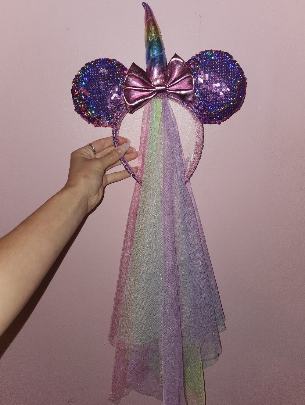 Sequin Unicorn Mouse Ear Headband with Rainbow Veil